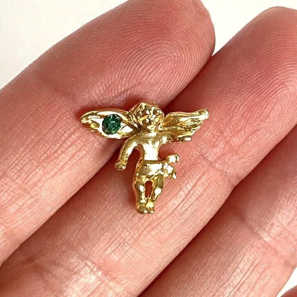 Guardian Angel Gold Tone Scatter Pin with Green Crystal Lapel Hat 1/2in Tall - Picture 2 of 5